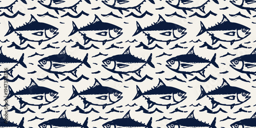 Bluefin Tuna Seamless Pattern Vector, Navy Fish and Ocean Waves Repeat Background