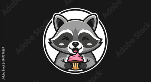 Cartoon raccoon enjoying dessert illustration