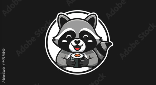 Cartoon raccoon holding sushi food