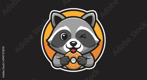 Cartoon raccoon with donut on black