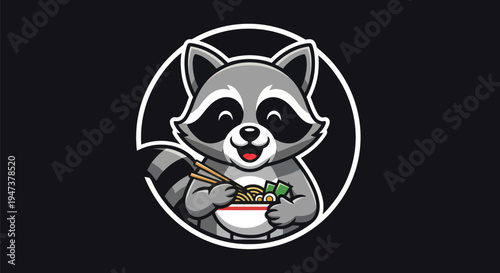 Cartoon raccoon with ramen bowl