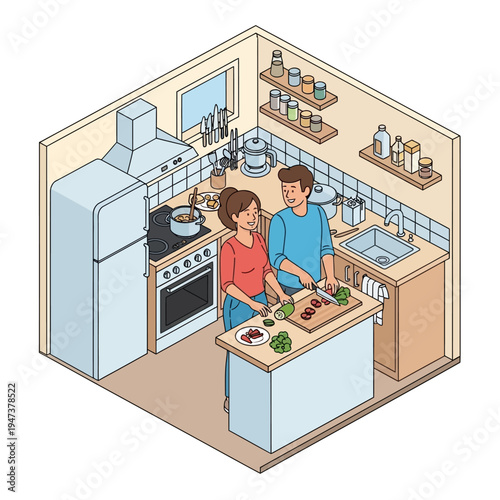A couple is preparing food together in a well-lit and modern kitchen.