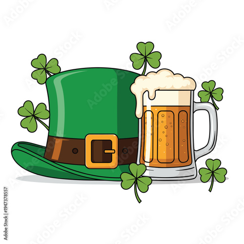 A vibrant illustration of a green leprechaun hat with a buckle and a frothy mug of beer, surrounded by lucky shamrocks, celebrating St. Patrick's Day.