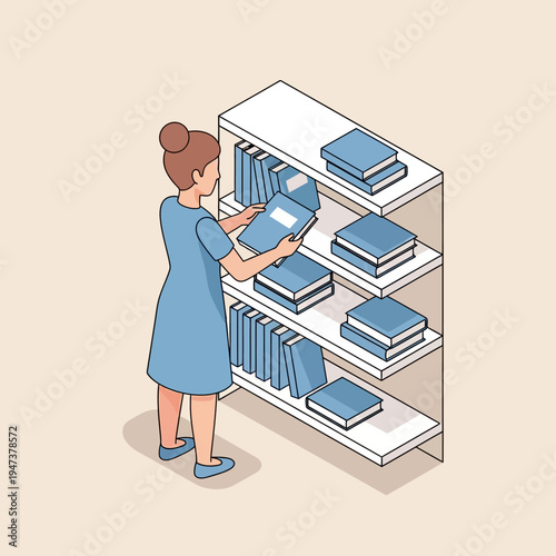 A woman in a blue dress is arranging books on a white bookshelf.