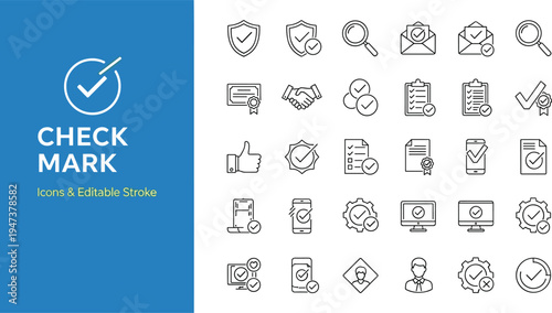 Check Mark and Verification Line Icon Set with Editable Stroke for Quality Control and Approval
