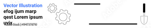 Industrial design, engineering diagrams, mechanical processes, technical concepts, construction tools, creative layouts. Gears, a shovel icon aligned lines and text placeholders. Industrial design