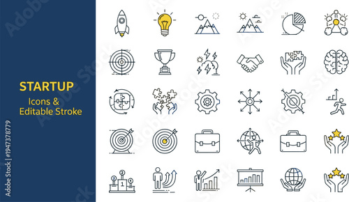 Business startup and project launch line icon set with yellow accents for innovation, strategy, and corporate growth