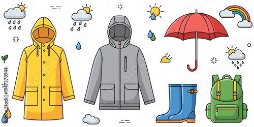 Rainy weather illustration, seasonal artwork with raincoats umbrella boots backpack clouds rainbow raindrops sun decorative design vector