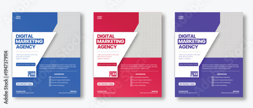 Modern Digital Marketing Agency Social Media Post Template Set with Clean Corporate Layout, Blue Red and Purple Gradient Design, Business Promotion Banner for Online Marketing, Advertising Campaign