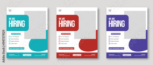 Hiring recruitment job career poster template flyer design for business corporate employment advertisement with photo placeholder and open positions list for company hiring campaign 