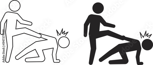 Violence attack icon set outline and solid style person kicking another man aggression abuse conflict vector illustration isolated on white background