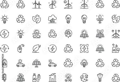 Ecology and renewable energy line icon set featuring recycling, solar panels, wind turbines, and green technology symbols.