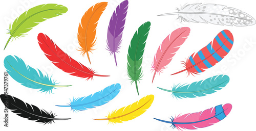 Colorful feather collection vector illustration with decorative bird feathers isolated on background bright boho tribal plumage elements for design decoration