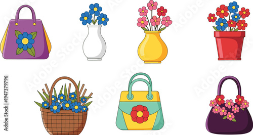 Colorful handbags and flower pots with blooming flowers decorative accessories vector illustration set spring fashion bag and floral decoration collection