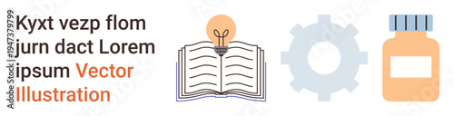 Learning, innovation, mechanics, healthcare, knowledge sharing, problem-solving. Open book with lightbulb, settings gear and medicine bottle. Education and innovation ideas visually