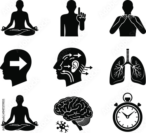 Mental health and mindfulness solid icon set with meditation silhouette, human brain, and respiratory breathing symbols.