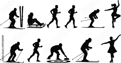 Black silhouette collection of people enjoying winter sports including skiing, ice skating, sledding, and curling for seasonal outdoor recreation and athletic fitness design.