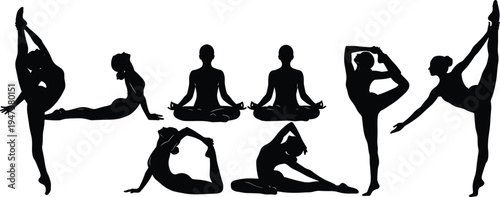 Black silhouette collection of a woman practicing various yoga poses including standing balance, cobra, meditation, and stretching for wellness, fitness, and minimalist design.