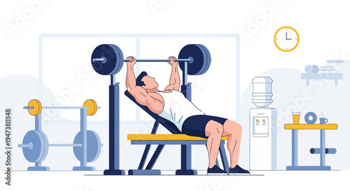 A focused man demonstrates strength and determination while performing a bench press with a barbell in a contemporary gym, rendered in a clean Flat Design style.