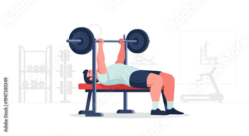 A focused man demonstrates strength and determination while performing a bench press with a barbell in a contemporary gym, rendered in a clean Flat Design style.