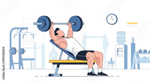A focused man demonstrates strength and determination while performing a bench press with a barbell in a contemporary gym, rendered in a clean Flat Design style.