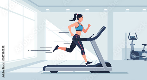 A dynamic Flat Design illustration of a woman running confidently on a treadmill, showcasing cardiovascular fitness and an active lifestyle. 
