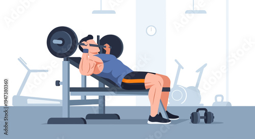 A focused man demonstrates strength and determination while performing a bench press with a barbell in a contemporary gym, rendered in a clean Flat Design style.