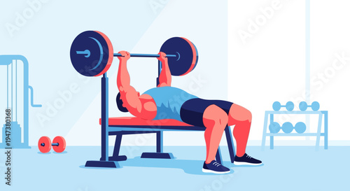 A focused man demonstrates strength and determination while performing a bench press with a barbell in a contemporary gym, rendered in a clean Flat Design style.