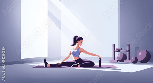 This Flat Design illustration depicts a serene woman engaged in a yoga stretch on a mat, emphasizing flexibility, mindfulness, and the importance of warm-up or cool-down routines in a gym setting.