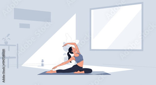 This Flat Design illustration depicts a serene woman engaged in a yoga stretch on a mat, emphasizing flexibility, mindfulness, and the importance of warm-up or cool-down routines in a gym setting.