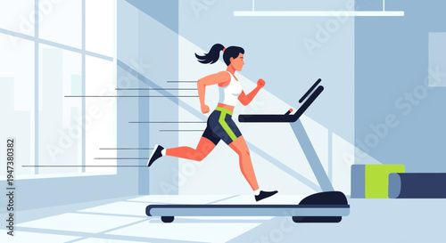 A dynamic Flat Design illustration of a woman running confidently on a treadmill, showcasing cardiovascular fitness and an active lifestyle. 