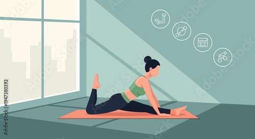 This Flat Design illustration depicts a serene woman engaged in a yoga stretch on a mat, emphasizing flexibility, mindfulness, and the importance of warm-up or cool-down routines in a gym setting.