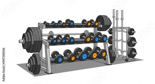 This Flat Design illustration features a perfectly organized weight rack showcasing a variety of dumbbells and barbells, symbolizing strength training, equipment availability, and a well-maintained