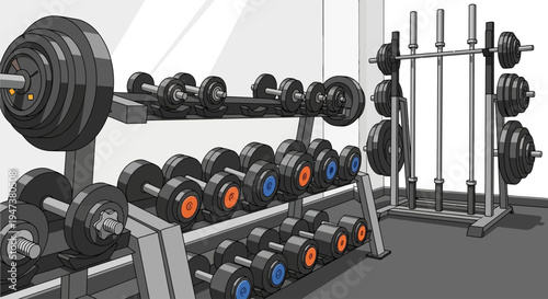 This Flat Design illustration features a perfectly organized weight rack showcasing a variety of dumbbells and barbells, symbolizing strength training, equipment availability, and a well-maintained
