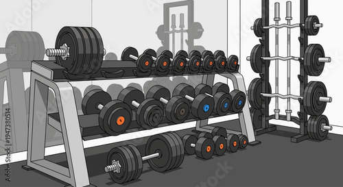 This Flat Design illustration features a perfectly organized weight rack showcasing a variety of dumbbells and barbells, symbolizing strength training, equipment availability, and a well-maintained