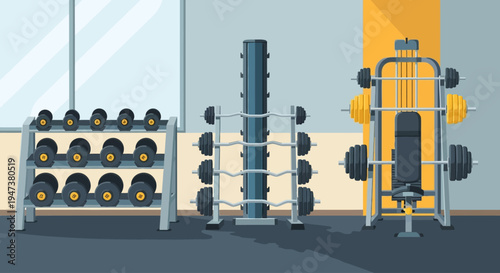 This Flat Design illustration features a perfectly organized weight rack showcasing a variety of dumbbells and barbells, symbolizing strength training, equipment availability, and a well-maintained
