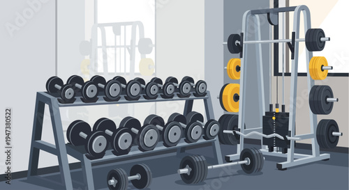 This Flat Design illustration features a perfectly organized weight rack showcasing a variety of dumbbells and barbells, symbolizing strength training, equipment availability, and a well-maintained