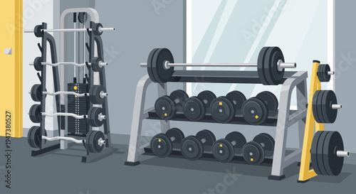 This Flat Design illustration features a perfectly organized weight rack showcasing a variety of dumbbells and barbells, symbolizing strength training, equipment availability, and a well-maintained