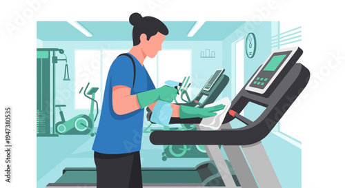 A Flat Design illustration showing a person diligently cleaning gym equipment, emphasizing the importance of hygiene, cleanliness, and a safe workout environment in modern fitness centers.