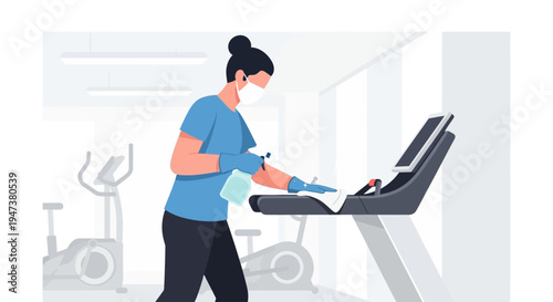 A Flat Design illustration showing a person diligently cleaning gym equipment, emphasizing the importance of hygiene, cleanliness, and a safe workout environment in modern fitness centers.