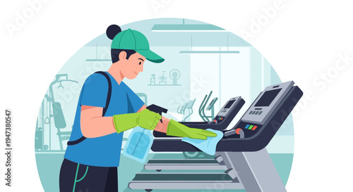 A Flat Design illustration showing a person diligently cleaning gym equipment, emphasizing the importance of hygiene, cleanliness, and a safe workout environment in modern fitness centers.