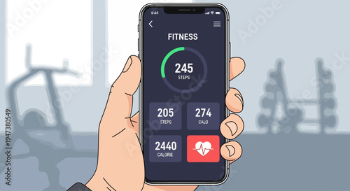 This Flat Design illustration features a person holding a smartphone displaying a fitness tracking app, symbolizing digital health, workout data analysis, and modern technology in exercise.