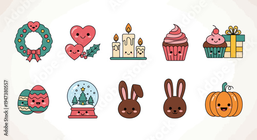 Cartoon holiday icons and decorations