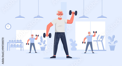 A heartwarming Flat Design illustration of an active senior man cheerfully lifting light weights in a gym, promoting senior fitness, healthy aging, and the benefits of exercise at any age.