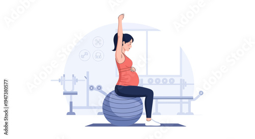 This Flat Design illustration shows a pregnant woman engaging in safe, low-impact exercise in a gym, promoting prenatal fitness, well-being, and healthy active lifestyles during pregnancy.