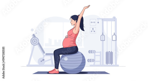 This Flat Design illustration shows a pregnant woman engaging in safe, low-impact exercise in a gym, promoting prenatal fitness, well-being, and healthy active lifestyles during pregnancy.