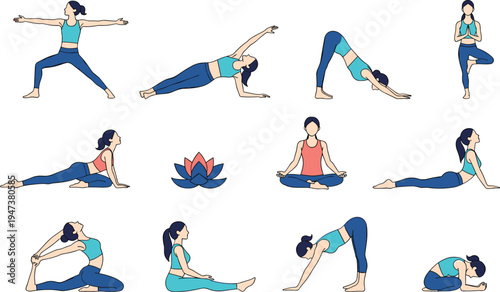 Flat vector illustration set of a brunette woman practicing various yoga poses including warrior, downward dog, plank, and meditation for wellness and fitness design.
