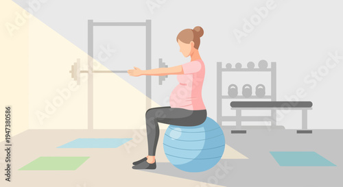This Flat Design illustration shows a pregnant woman engaging in safe, low-impact exercise in a gym, promoting prenatal fitness, well-being, and healthy active lifestyles during pregnancy.
