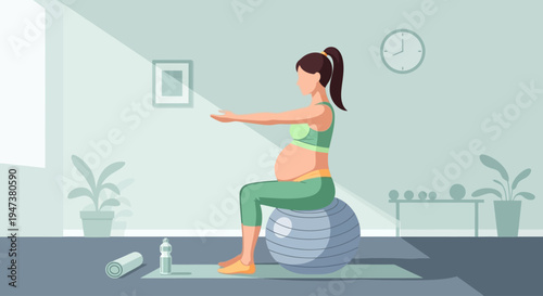 This Flat Design illustration shows a pregnant woman engaging in safe, low-impact exercise in a gym, promoting prenatal fitness, well-being, and healthy active lifestyles during pregnancy.
