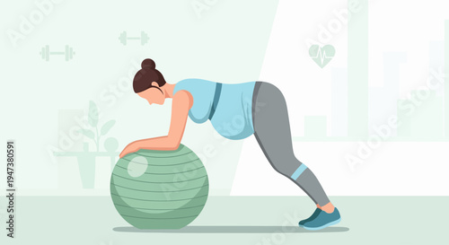 This Flat Design illustration shows a pregnant woman engaging in safe, low-impact exercise in a gym, promoting prenatal fitness, well-being, and healthy active lifestyles during pregnancy.